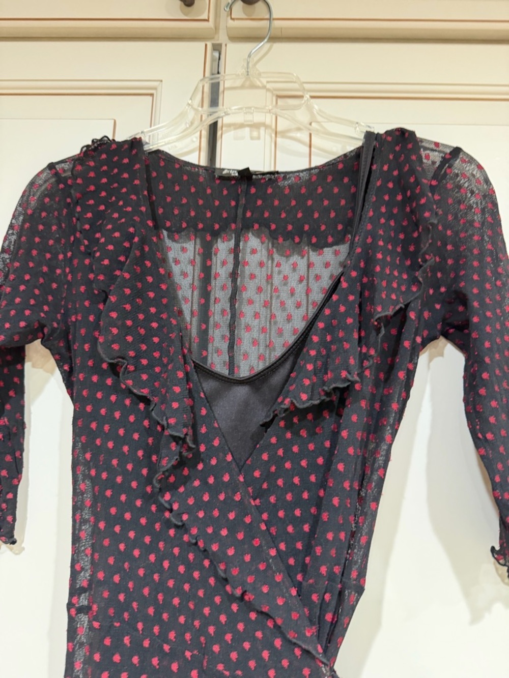 VTG 90s/Y2K Betsey Johnson Black Red Polka Dot Sheer Mesh Wrap Dress (107) - Picture 2 of 9